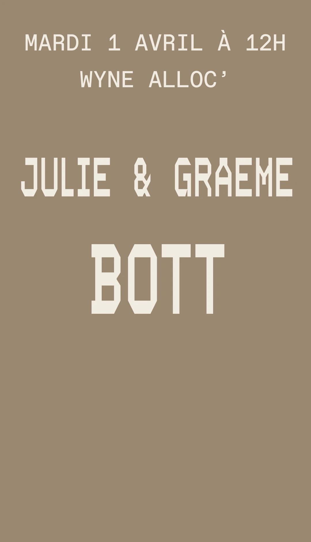 Visuel d'annonce de la Wyne Alloc' Julie & Graeme Bott, mars 2025